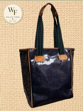 Consuela Navy Glitter Snake Print Classic Tote Striped Handles